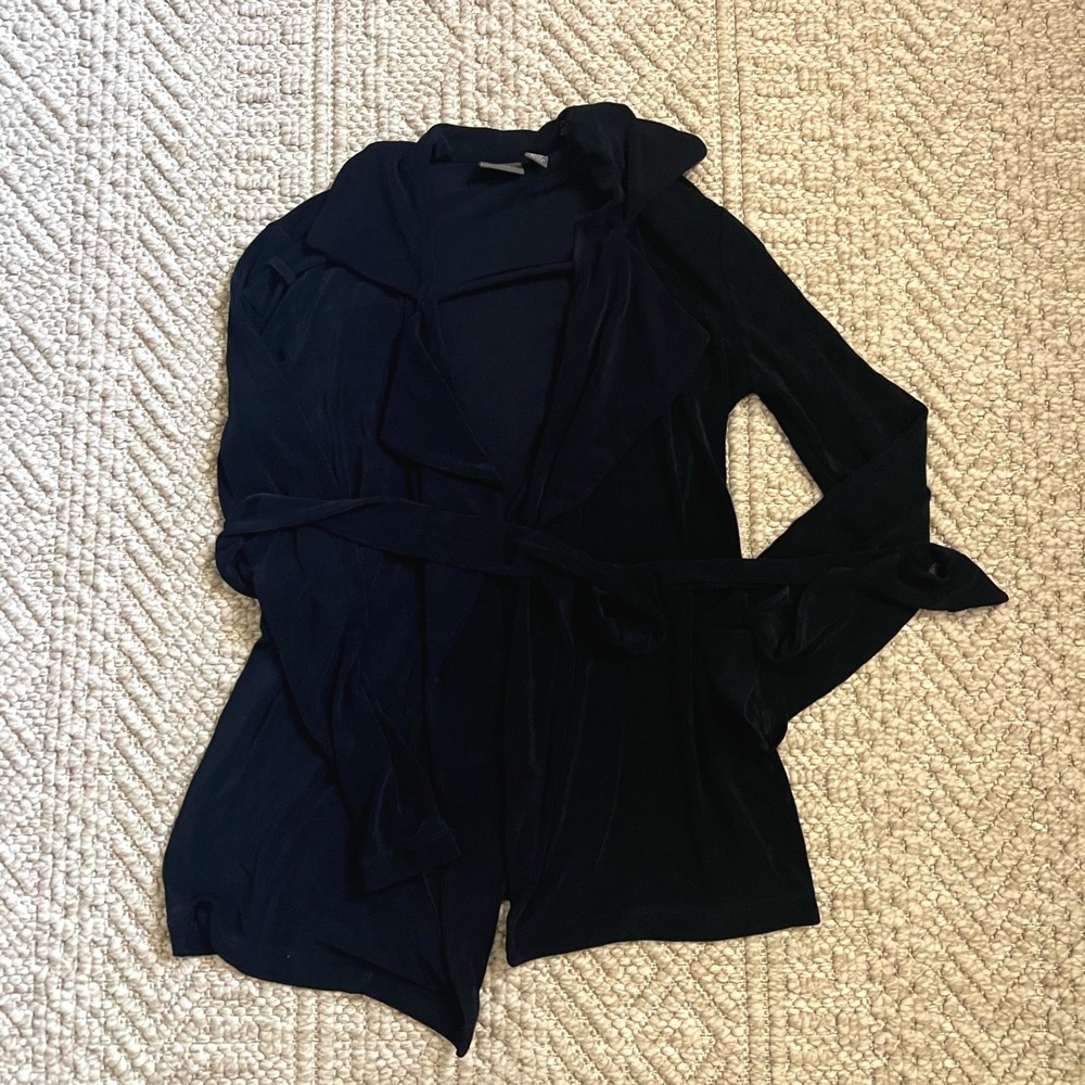 Chicos Travelers Black Wrap Jacket Draped Open Front Tie Waist Cardigan Size 0